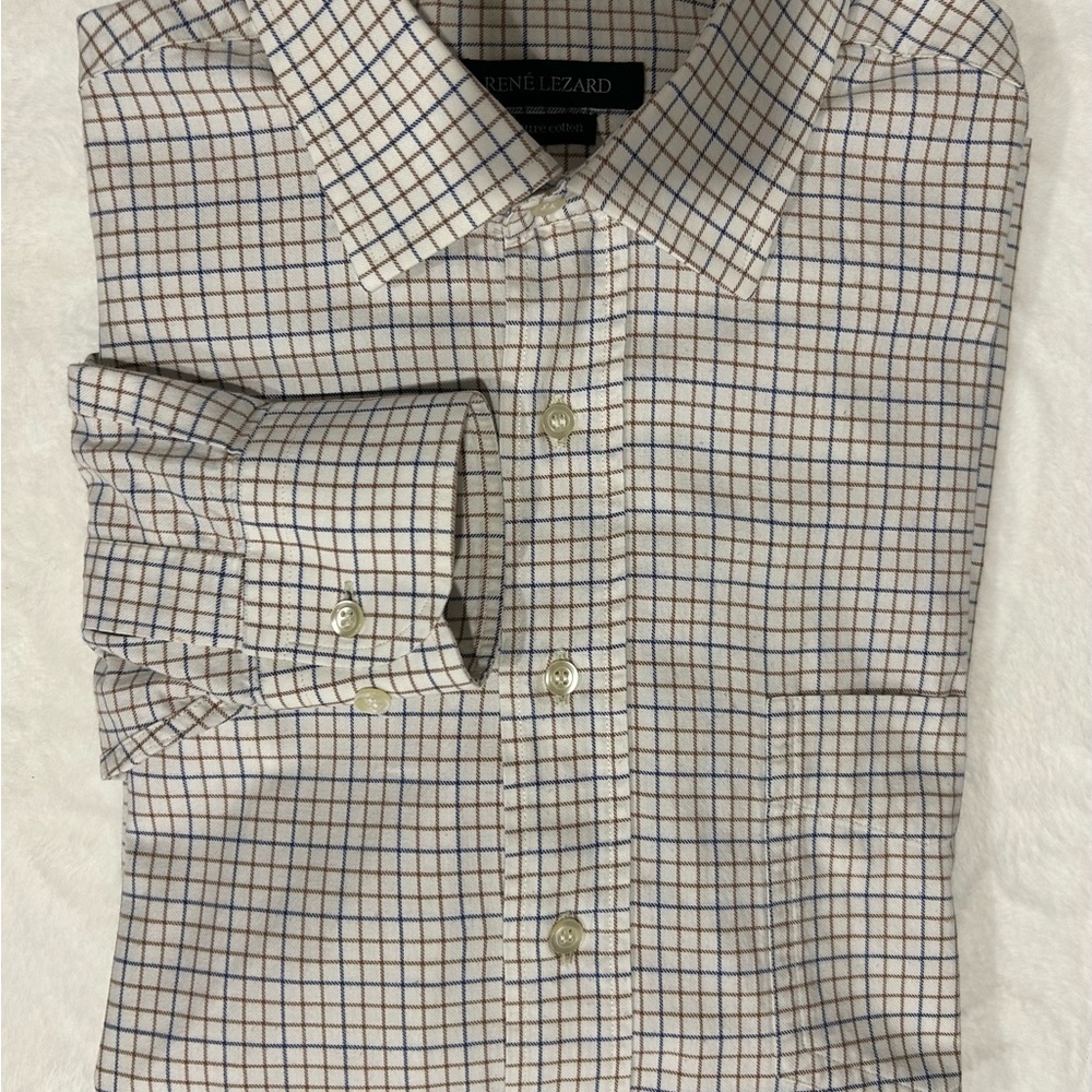 Rene Lezard Men's Crème, Blue and Brown Checkered Dress Shirt